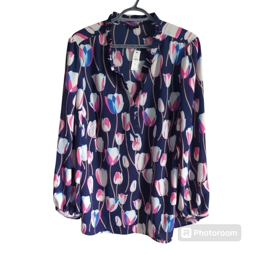 NWT‎ Tal­bots Tulip Ruf­fle Trim Popover Navy Pink Size 2XL
